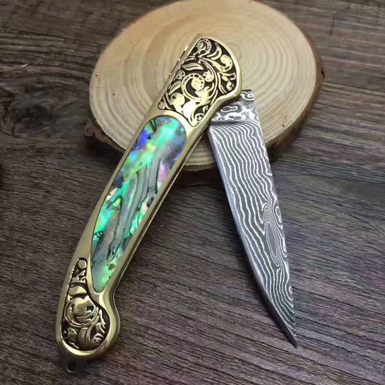 Camping Hunting Folding Survival Knife Natural Shell Handle